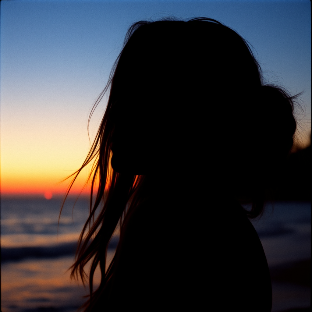 silhouette of a woman by the ocean at sunrise, with warm sunrise colors
